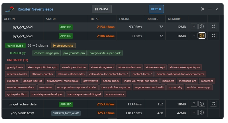 Rooster Dawn Patrol — optimization details showing loaded and unloaded plugins
