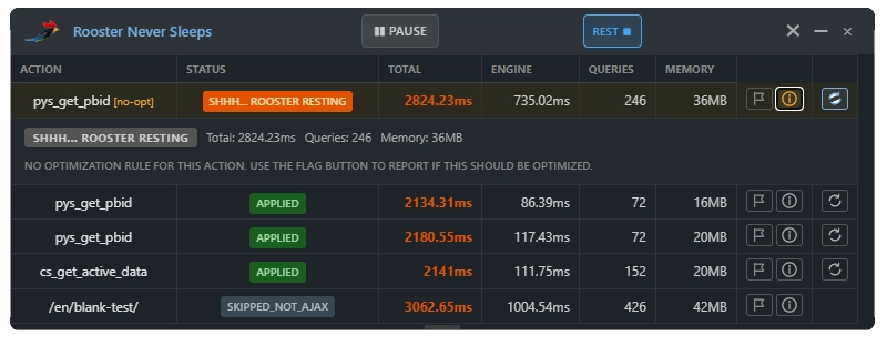 Rooster Dawn Patrol — replay without optimization showing 8x performance difference
