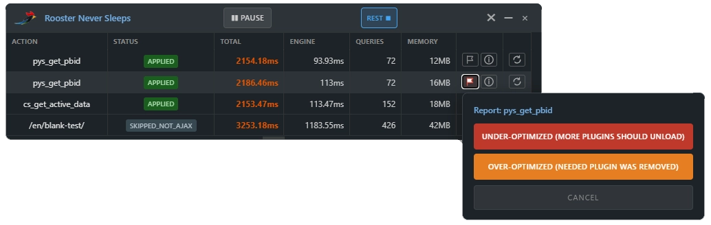 Rooster Dawn Patrol — report over or under optimized events